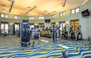 Una palestra con macchinari cardio, macchinari per pesi e un tappeto a motivi.