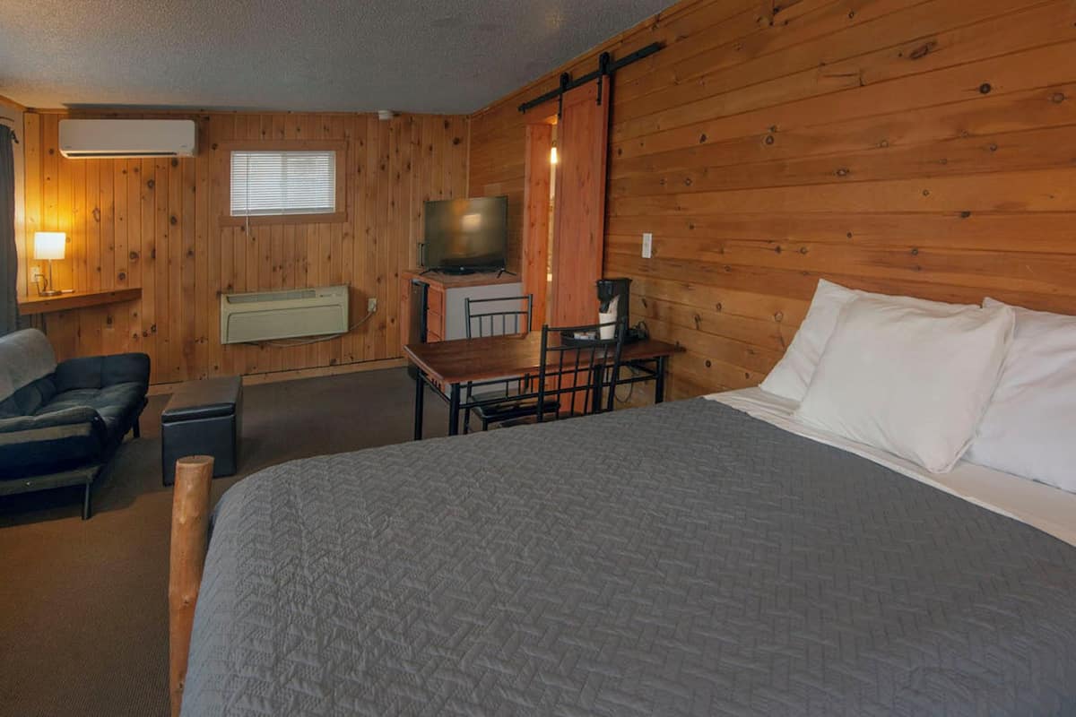 Una habitación acogedora con cama, escritorio, silla, televisor y sofá.