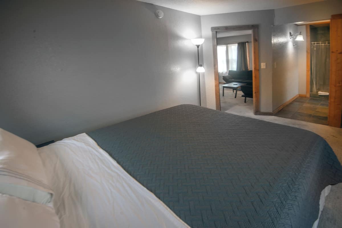 Una habitación de hotel con una cama, un escritorio y una silla.