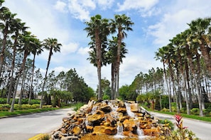 A road with a waterfall feature, surrounded by tall palm trees and greenery.