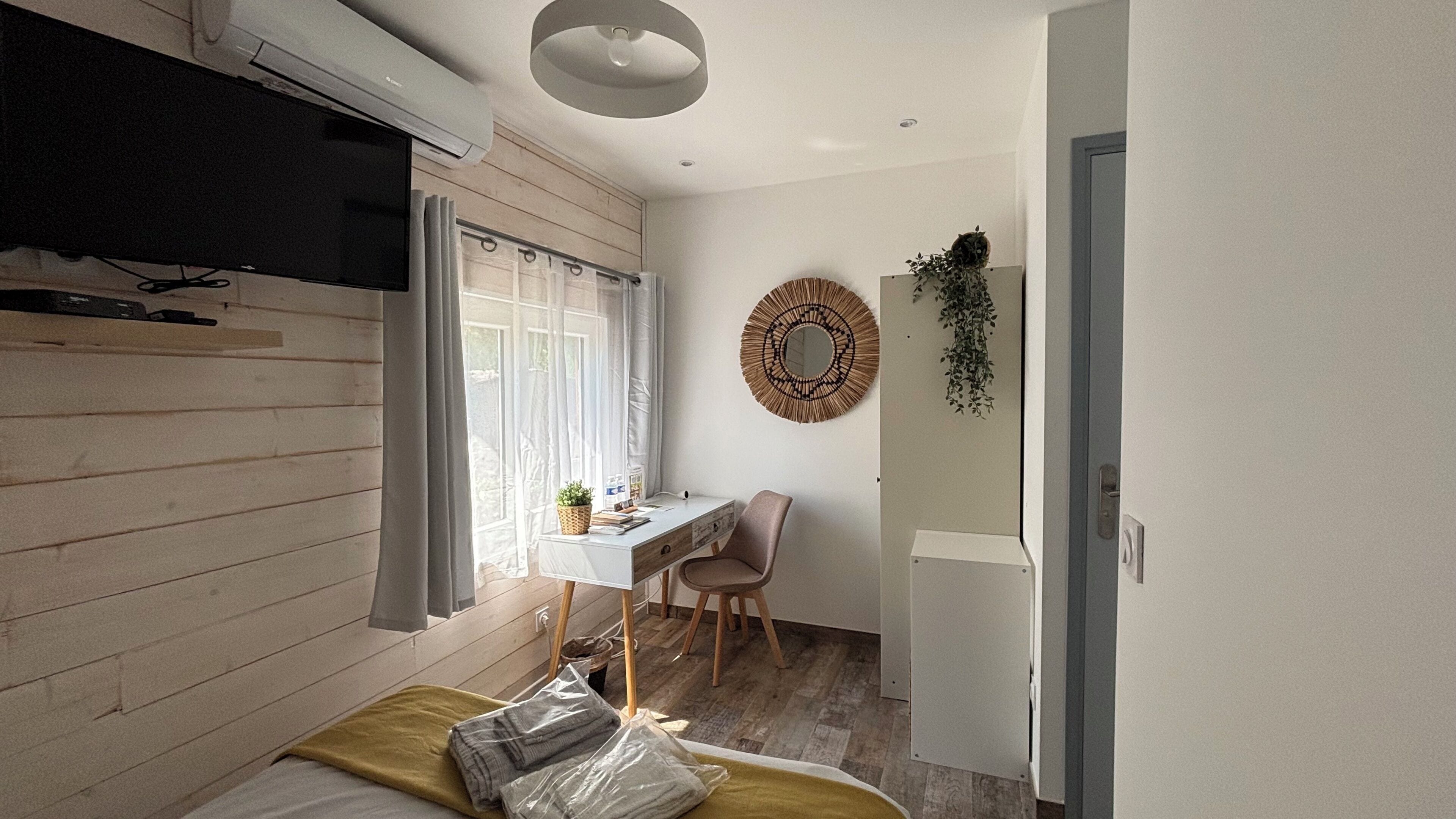 A compact room with a bed, a desk, a chair, a wall-mounted mirror, and a hanging plant.