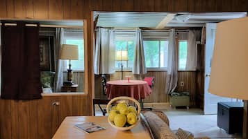 Smart TV, fireplace, books, stereo