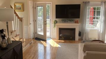 Smart TV, fireplace, books