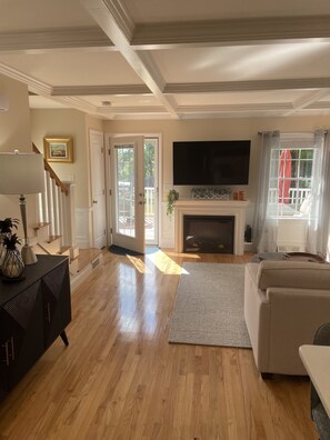 Smart TV, chimenea, libros