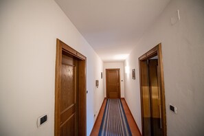 A hallway with wooden doors and a blue striped carpet.