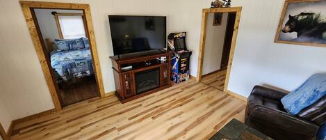 A living room with a wooden floor, a television, a fireplace, a couch, and a bear painting on the wall.
