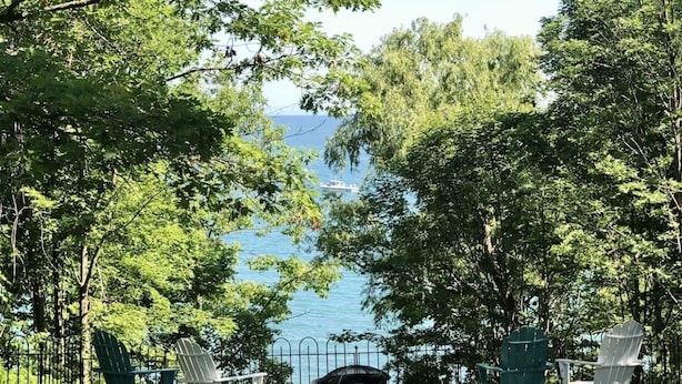 Vista sul lago con poltrone Adirondack e barbecue, immersa tra alberi e recinzione.