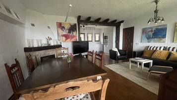 Una Smart TV, una chimenea, libros, una pantalla de ordenador