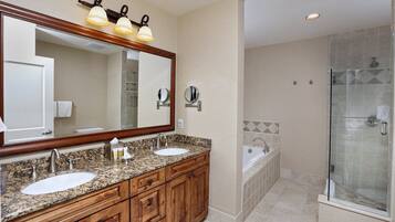 Hair dryer, towels, soap, shampoo