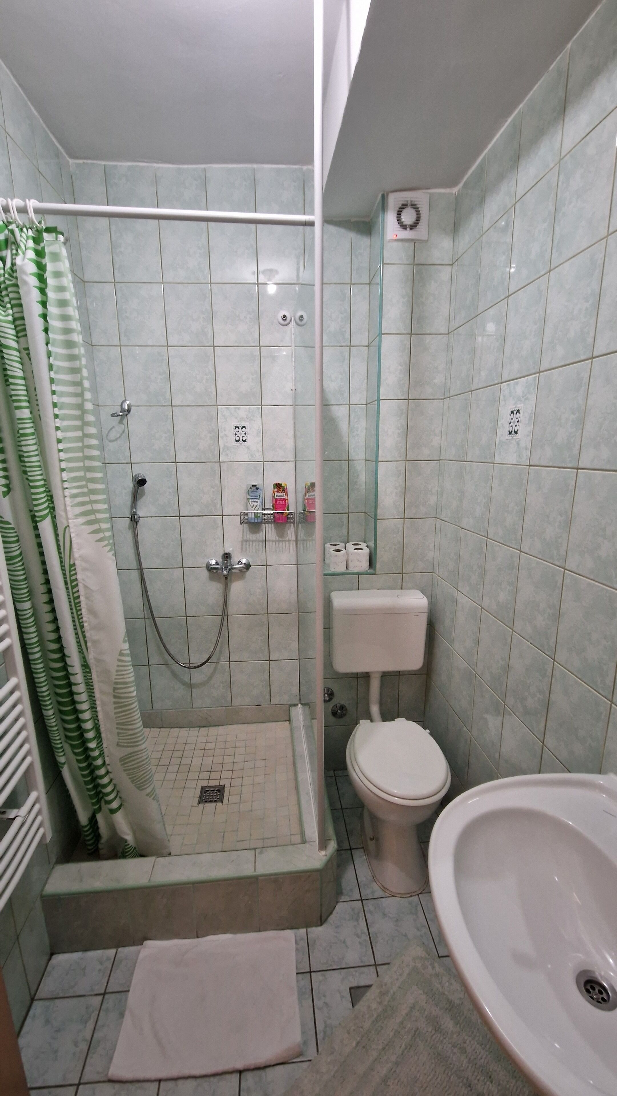 A bathroom with a shower, toilet, and sink.