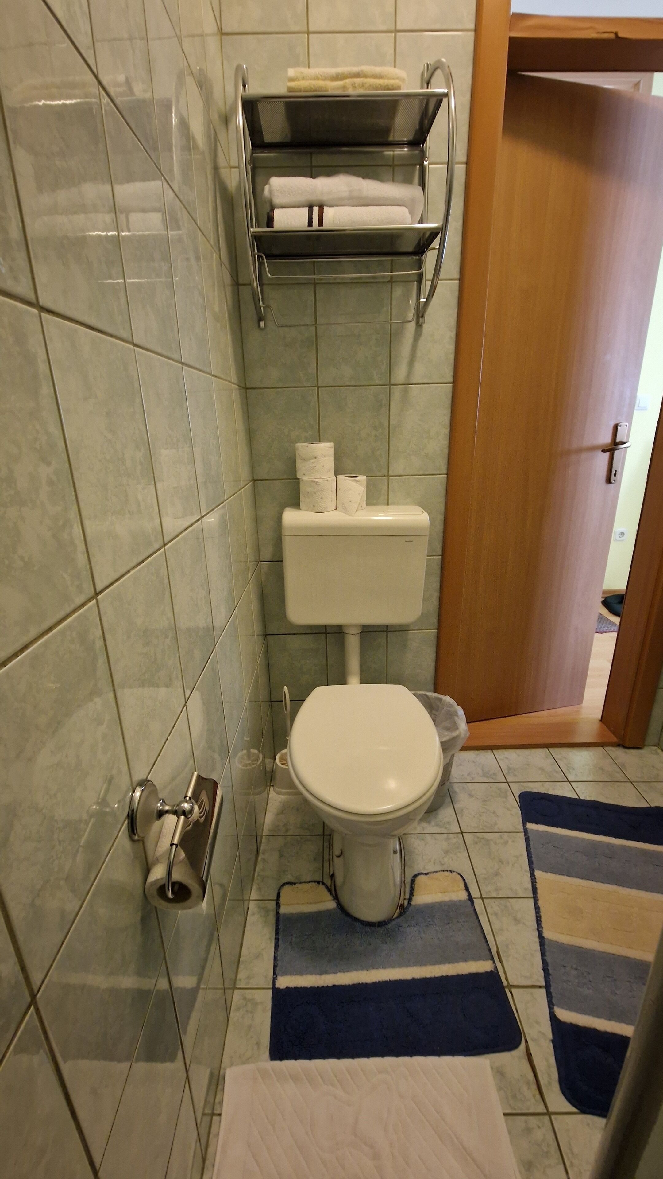 A bathroom with a toilet, a shelf with towels, and a roll of toilet paper.