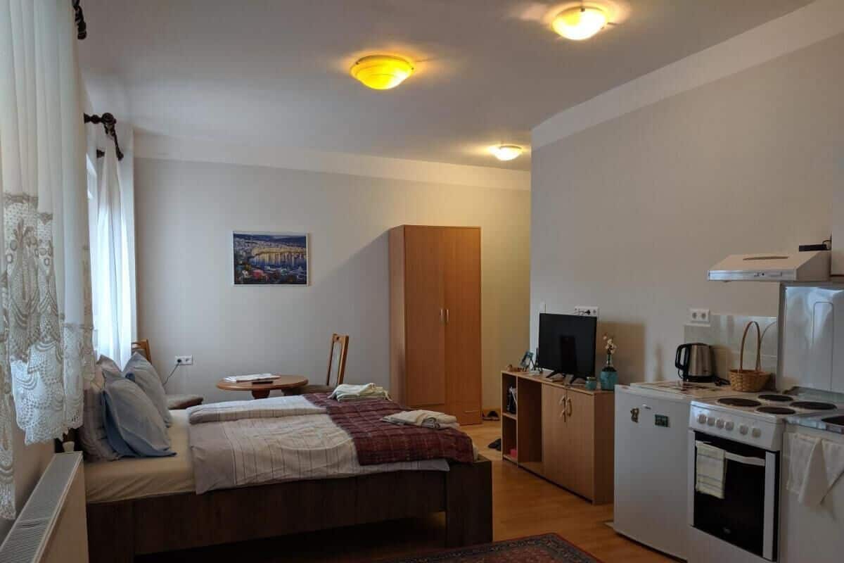 A bedroom with a bed, a desk, a wardrobe, and a kitchenette with a stove and oven.