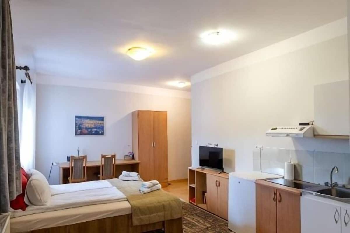 A hotel room with a bed, a desk with chairs, a television, a kitchen area with a sink and cabinets, and a painting on the wall.
