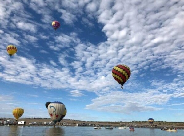 Una riva con diversi palloni aerostatici nel cielo.