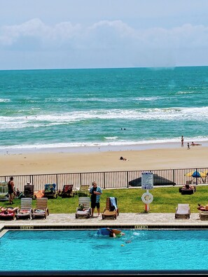 On the beach, sun loungers