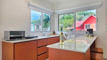 Suite panorámica, vista a la montaña | Cocina privada | Refrigerador, microondas, parrilla de estufa y tetera eléctrica