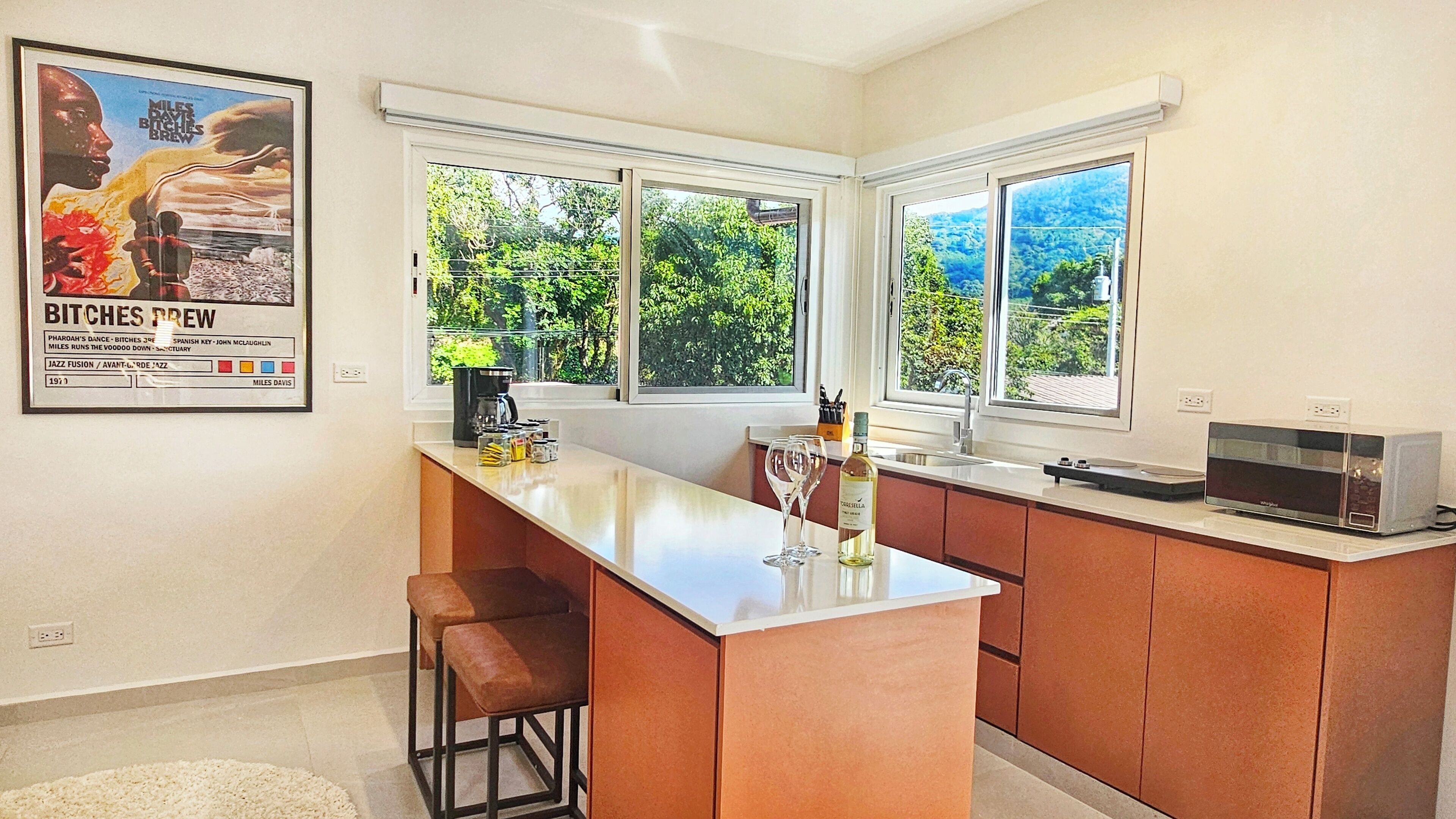 A modern kitchen with a central island, large windows, and a poster on the wall.