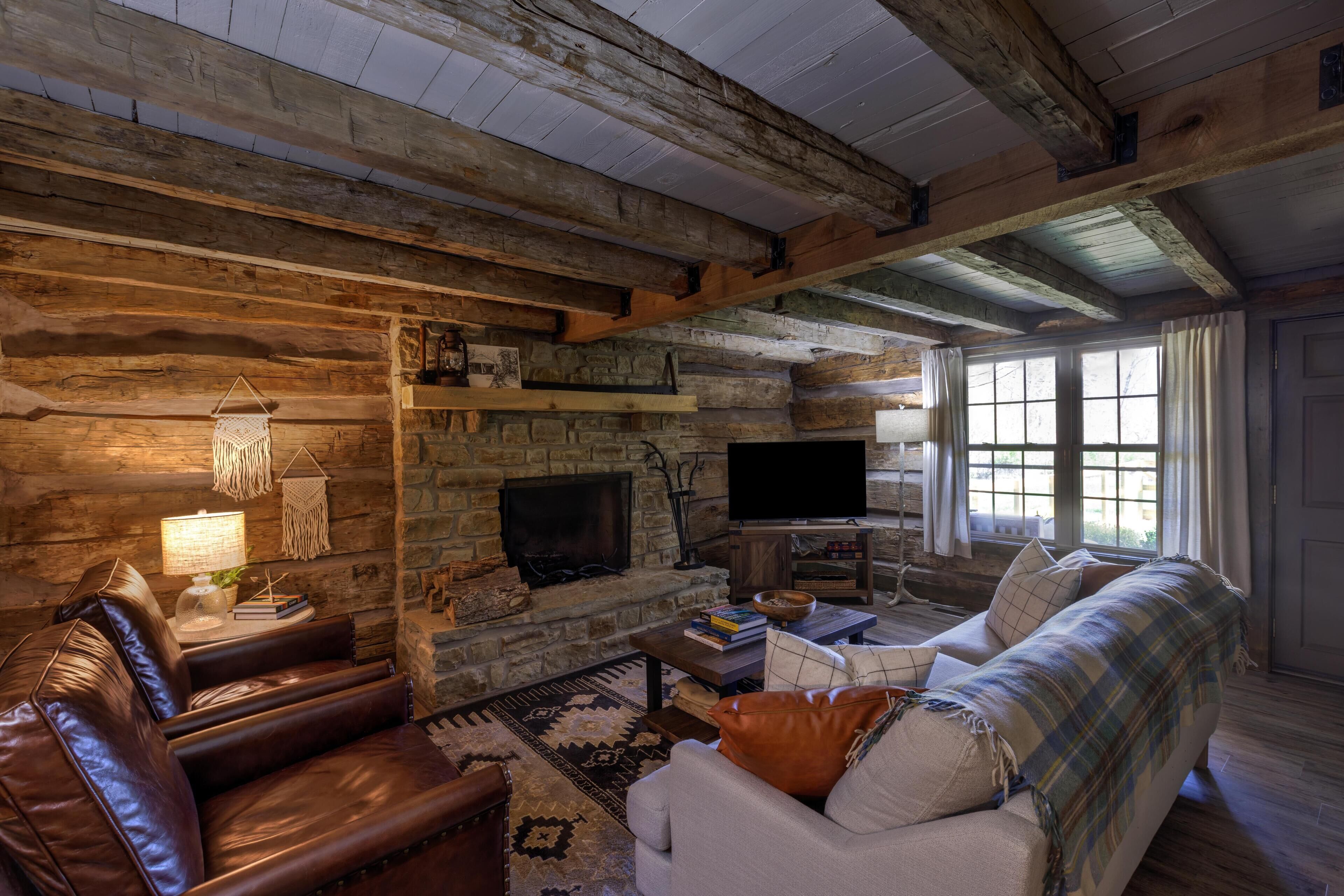 Smart TV, fireplace, books, stereo