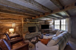 Smart TV, lareira, livros, aparelho de som