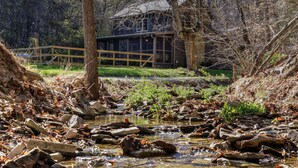 A rustic cabin with a wooden deck, surrounded by a forested area with a small stream flowing through. - Welcome to Brooks Run - A 1920s Cabin in Beautiful Brown County, Indiana (Nashville)