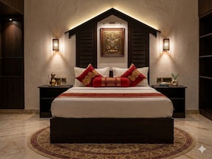 A bedroom with a large bed, dark wood headboard, two bedside tables with lamps, a decorative wall piece, and a patterned rug.