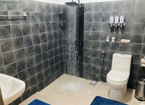 A bathroom with a shower, toilet, and sink. - Sunshine Resort and Spa (Sigiriya)