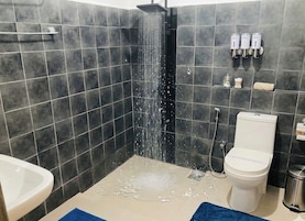 Shower, designer toiletries, hair dryer, bathrobes