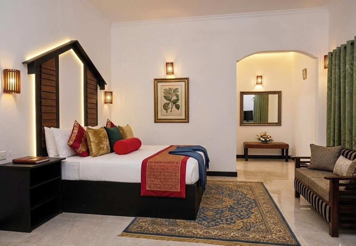 A bedroom with a bed, bedside table, wall-mounted lights, a framed botanical print, a mirror, a bench, and a patterned rug.