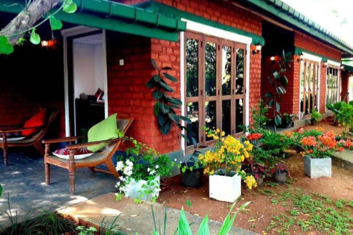 A brick house with a porch, a chair, and potted plants.