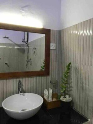 Douche, articles de toilette de luxe, sèche-cheveux, peignoirs