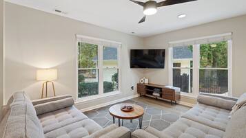 Smart TV, chimenea y libros