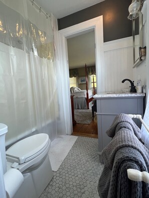 Hair dryer, towels, soap, shampoo