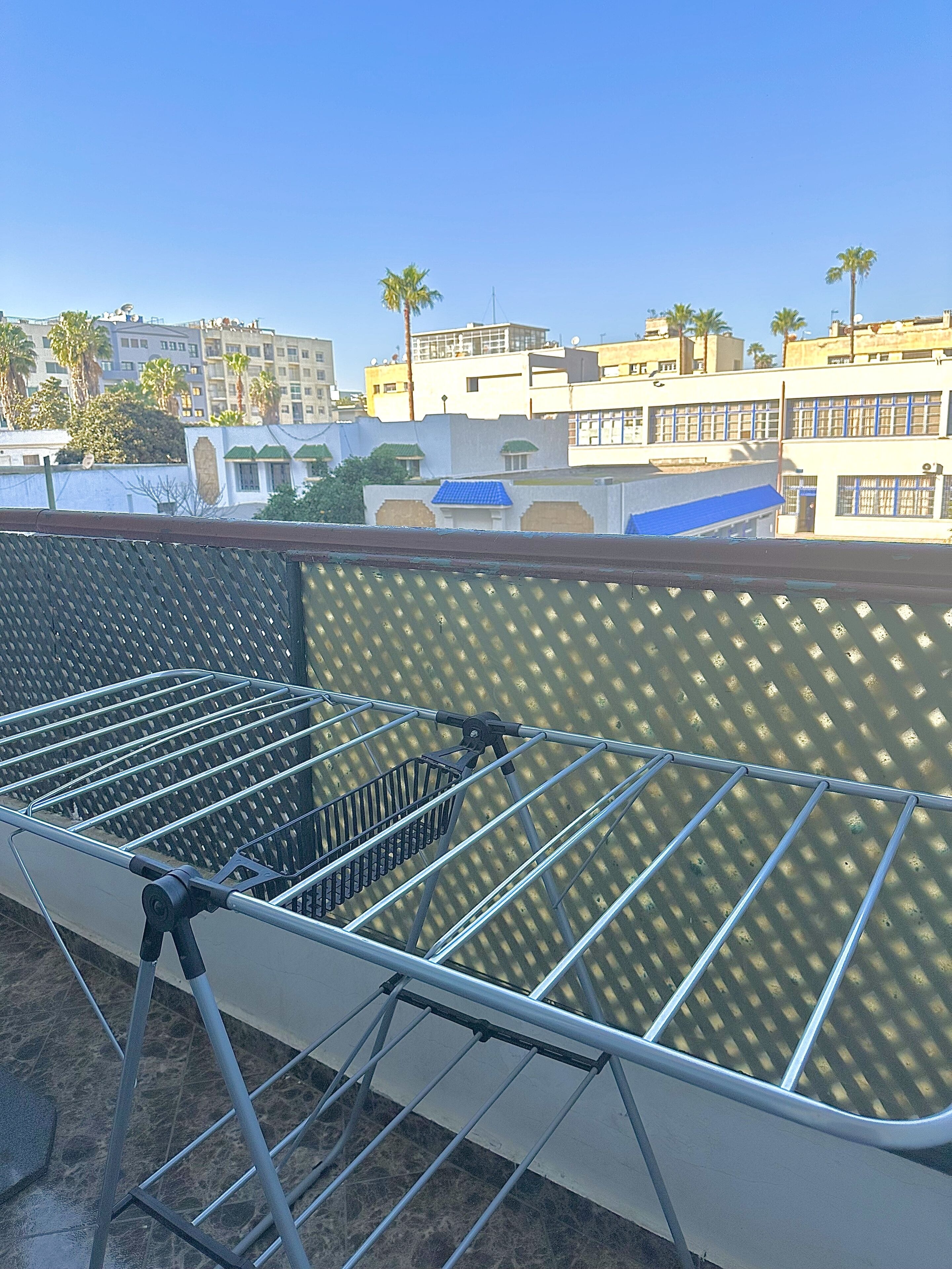 A metal laundry cart on a balcony with a patterned wall and buildings in the background.
