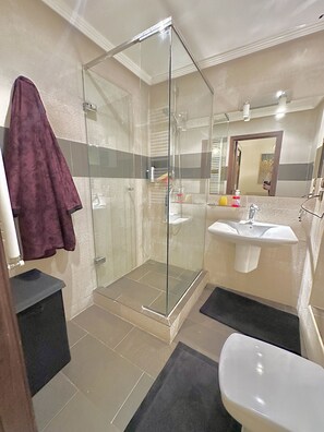 Shower, hair dryer, towels, soap