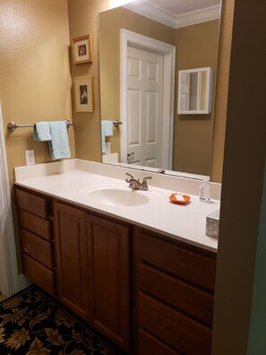 Hair dryer, towels, soap, toilet paper