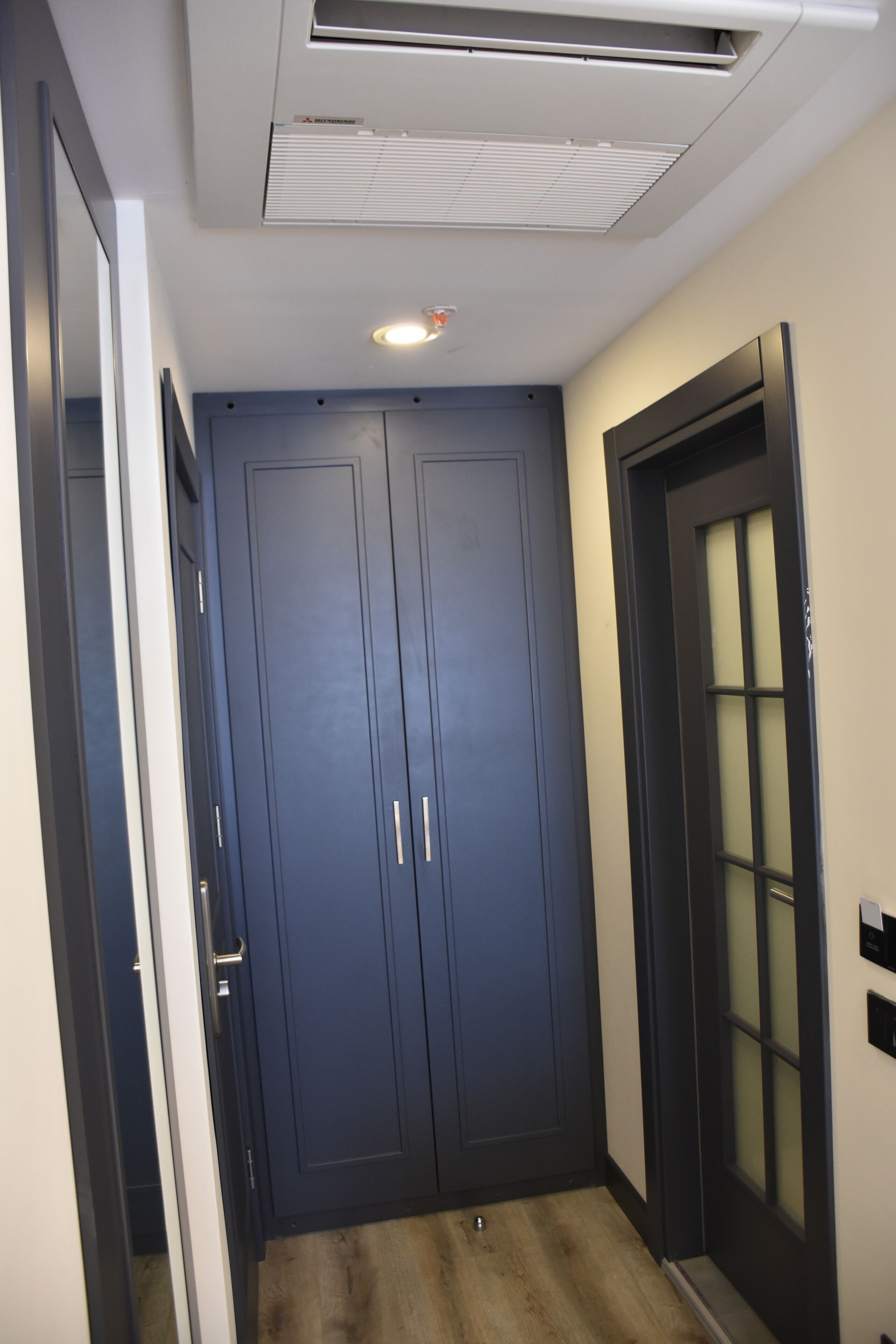 A hallway with a dark blue door, a white wall, and a light switch.
