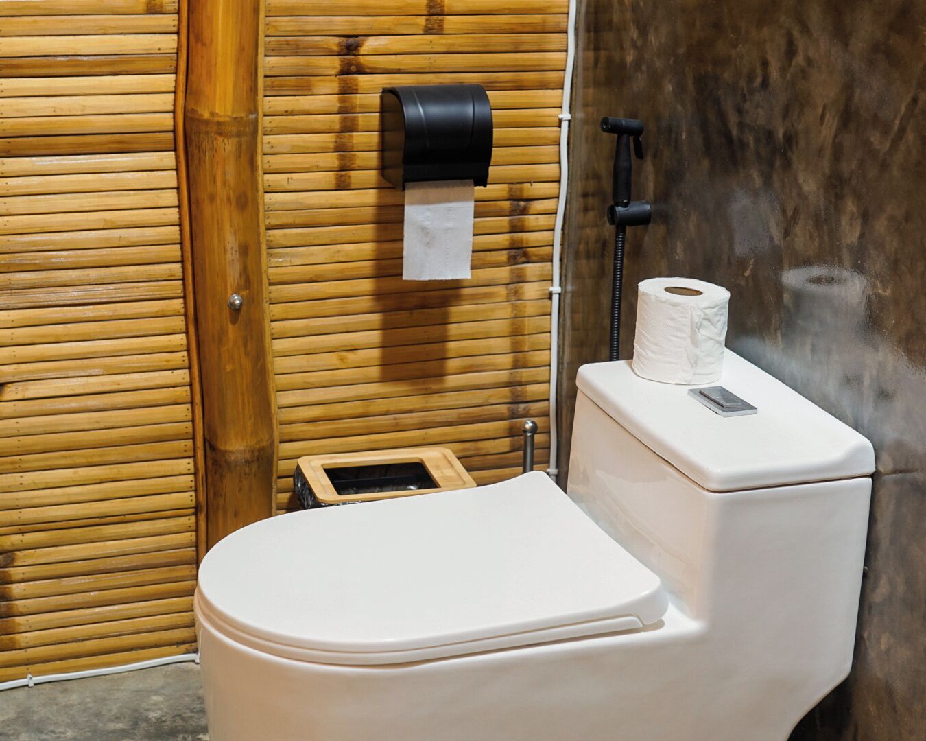 A toilet with a toilet paper holder and a paper towel dispenser mounted on the wall.