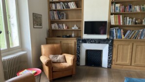 En stue med pejs, en læderlænestol, en blå sofa og en reol fyldt med bøger.