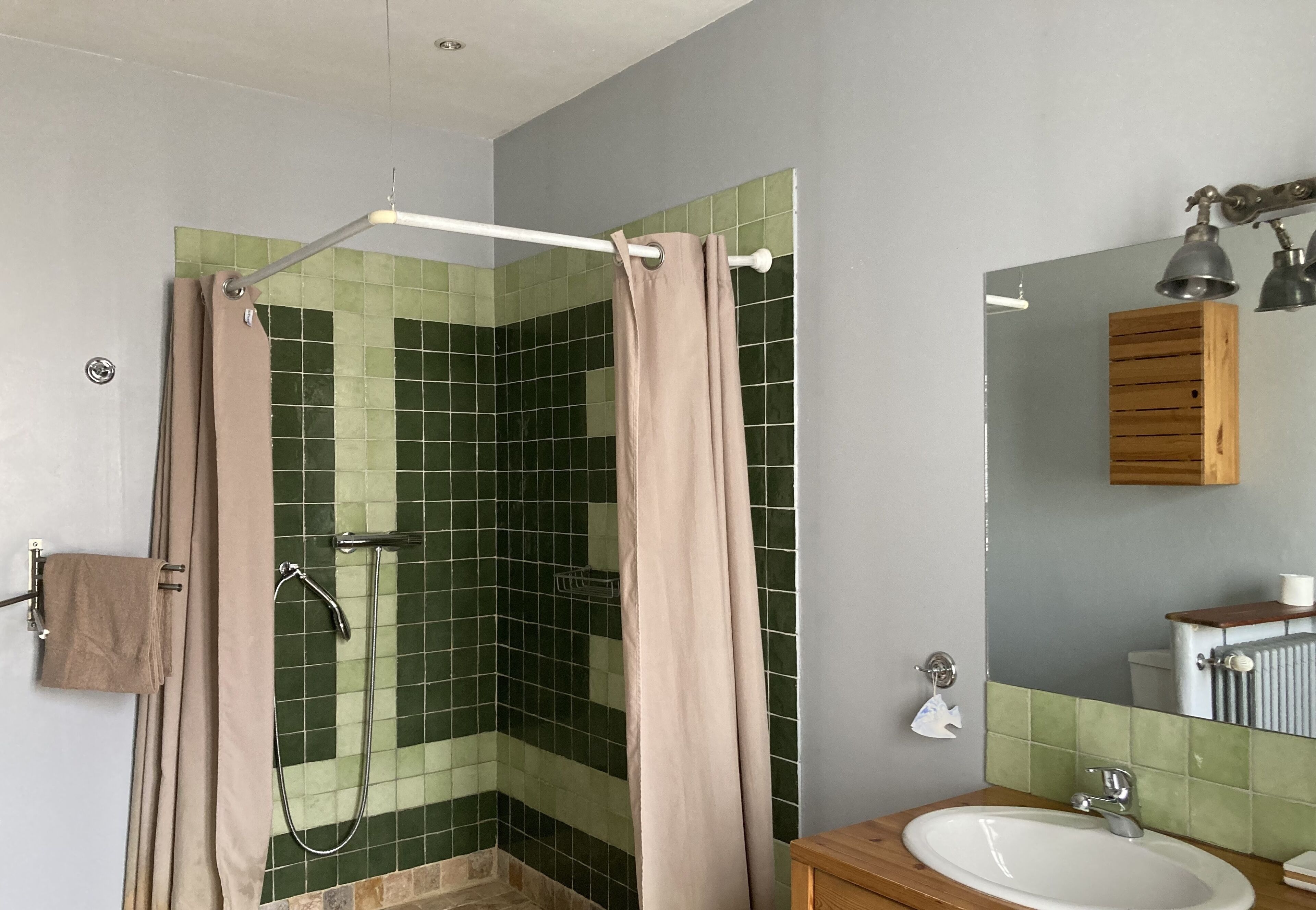 Un baño con ducha, lavabo y espejo.