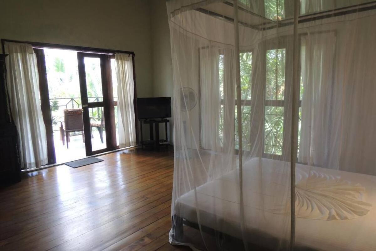 A room with a wooden floor, a bed with a canopy, a television, and a sliding glass door leading to an outdoor area.