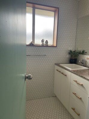 Hair dryer, towels, soap, shampoo