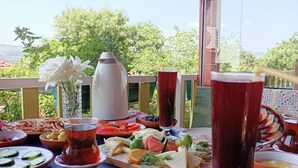A table set with a variety of foods and drinks, including a plate with a floral design, a tall glass of red beverage, and a pitcher. - Mell10 House (Urla)