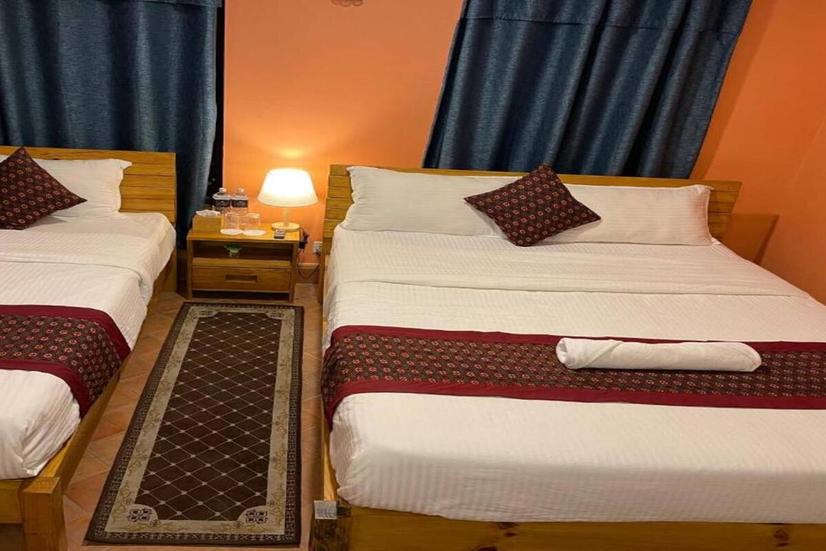 Una habitación de hotel con dos camas individuales, cada una con una almohada y una manta. Hay una mesita de noche con una lámpara y una pequeña mesa entre las camas.
