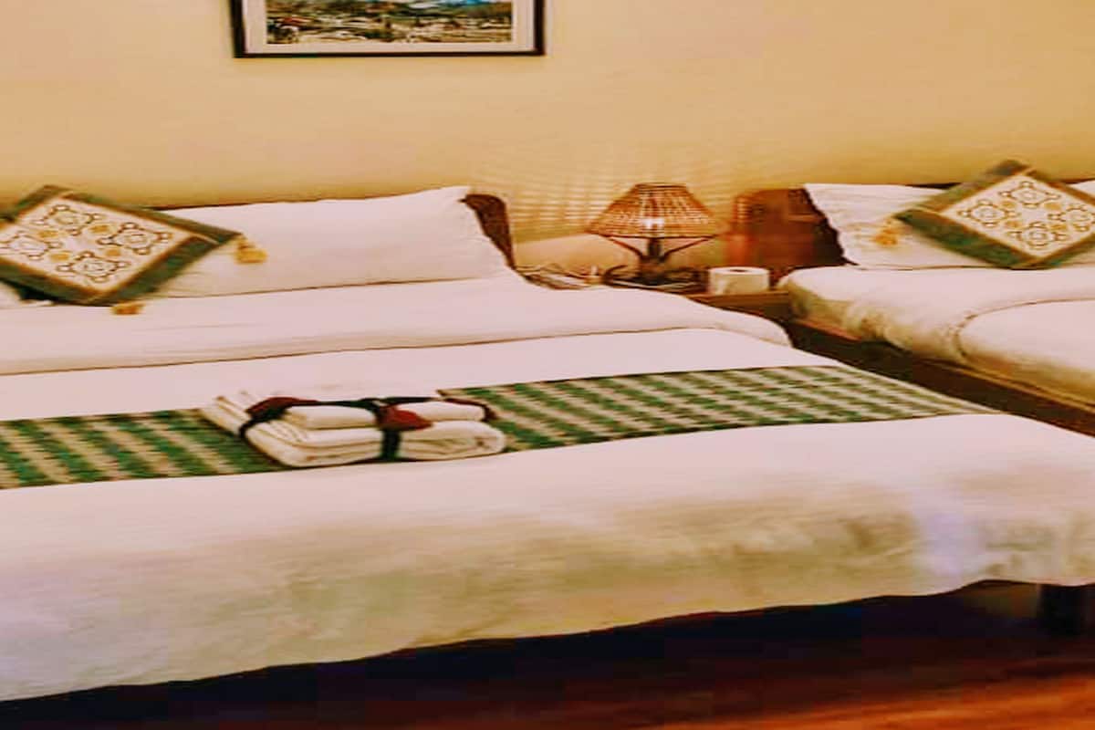 A hotel room with two beds, each with a pillow and a blanket. There is a lamp on the nightstand and a framed picture on the wall.