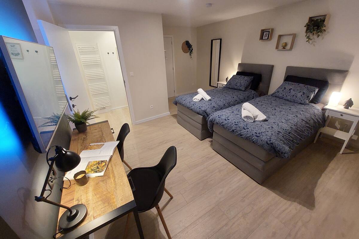 A modern bedroom with two beds, a desk, and a chair.