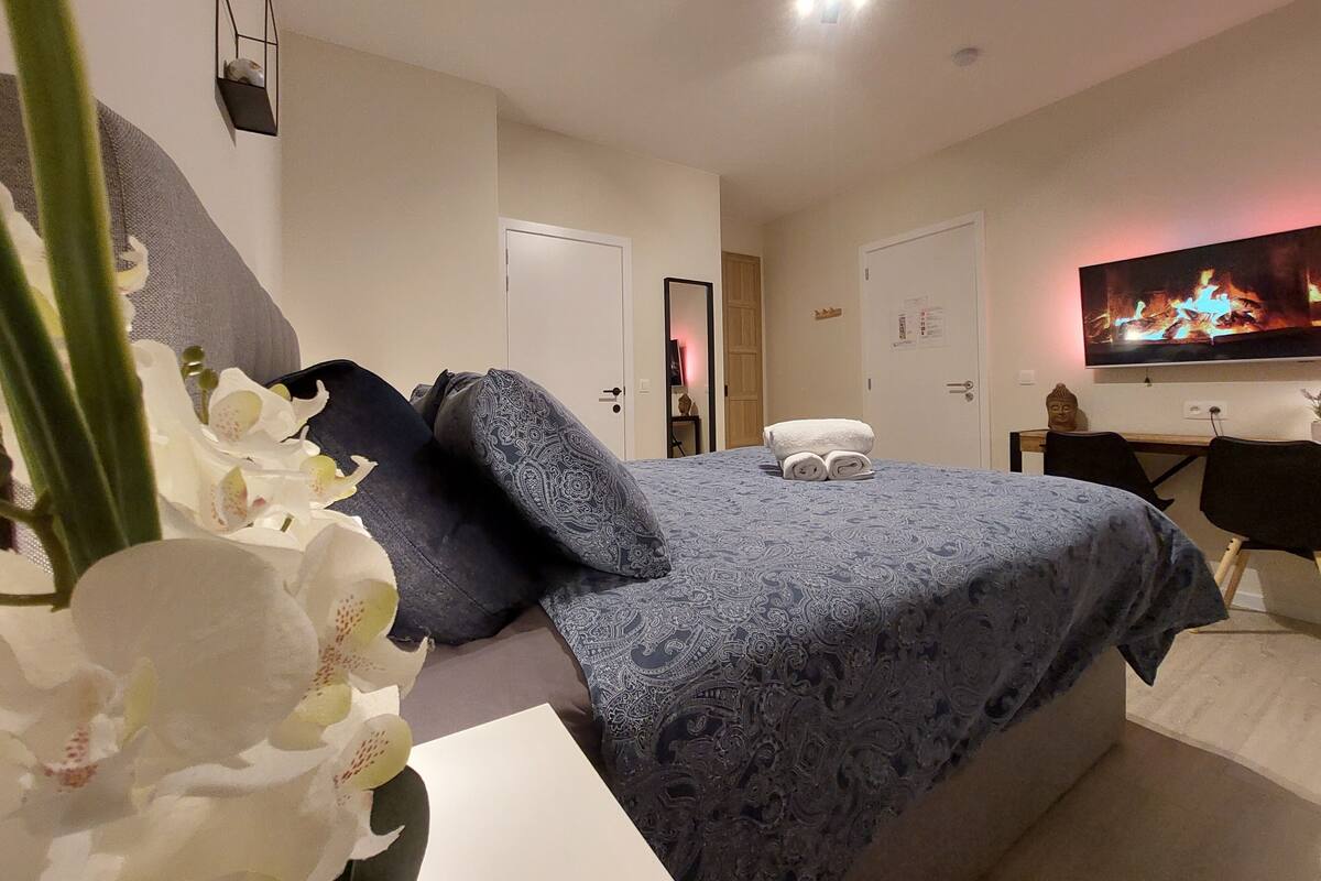 A hotel room with a bed, a desk, a television, and a door.