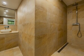 Shower, hair dryer, bidet, towels