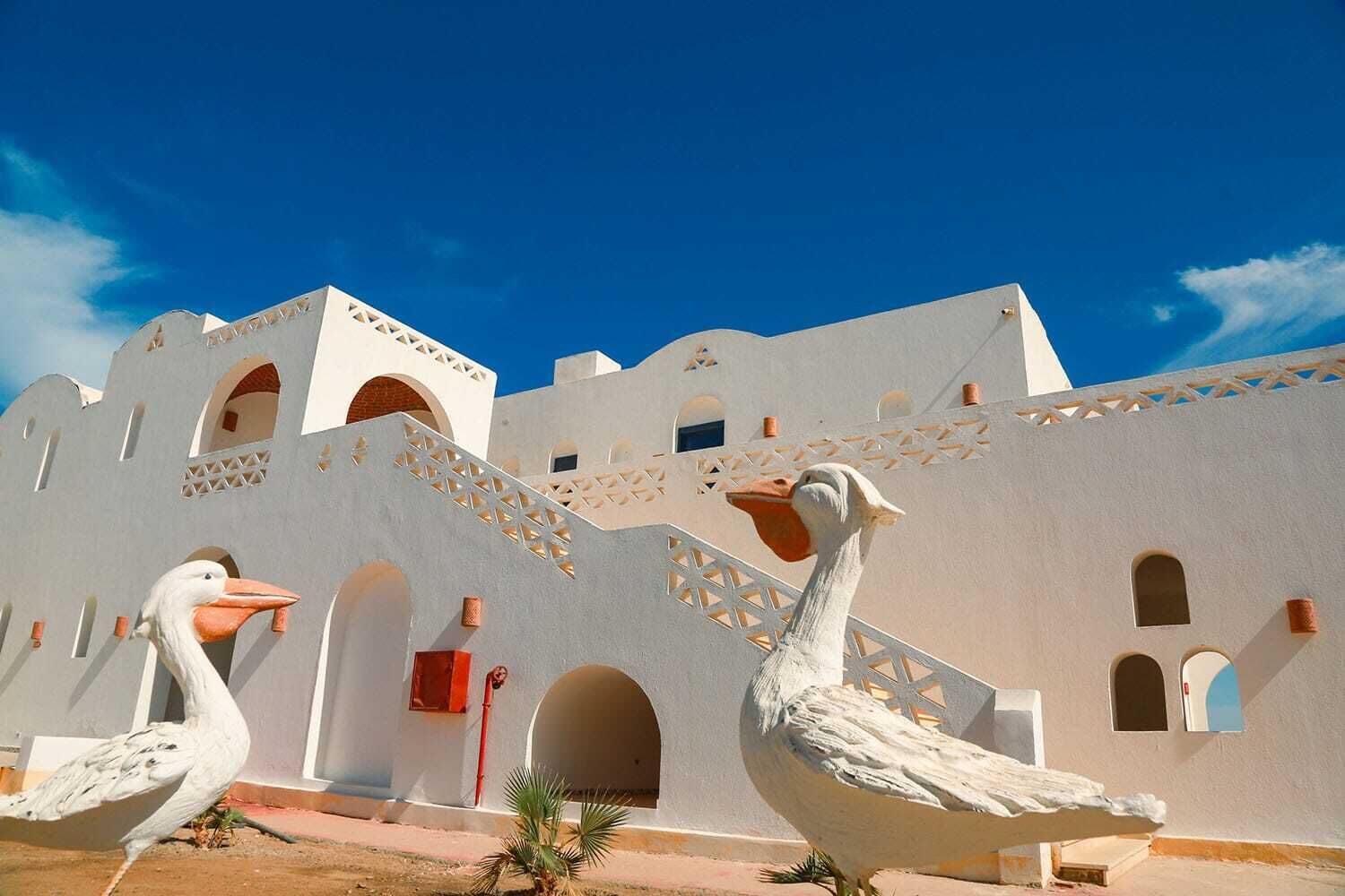 A building with white walls and arches, featuring large white sculptures of swans.