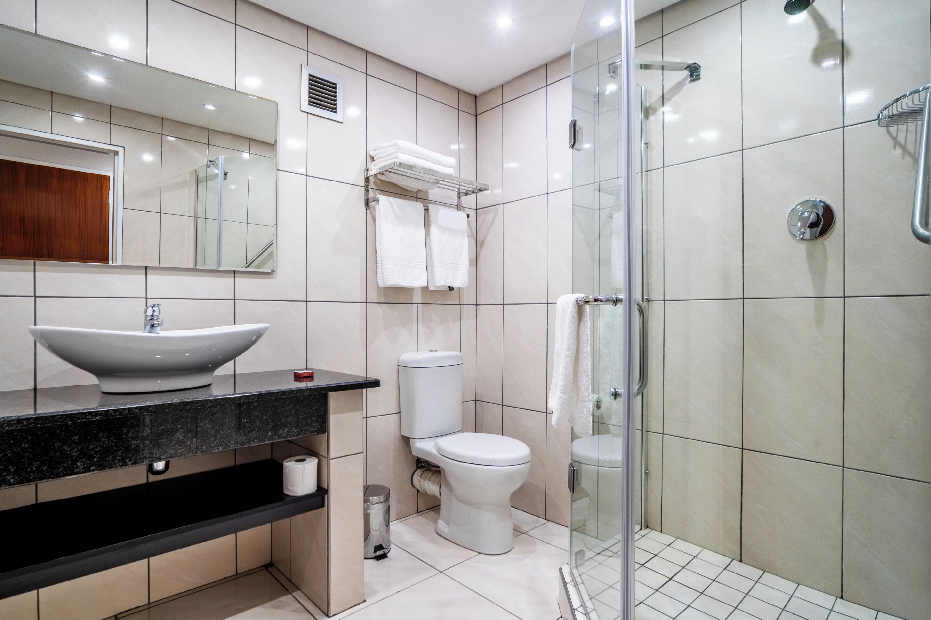 A modern bathroom with a large sink, toilet, and glass-enclosed shower.