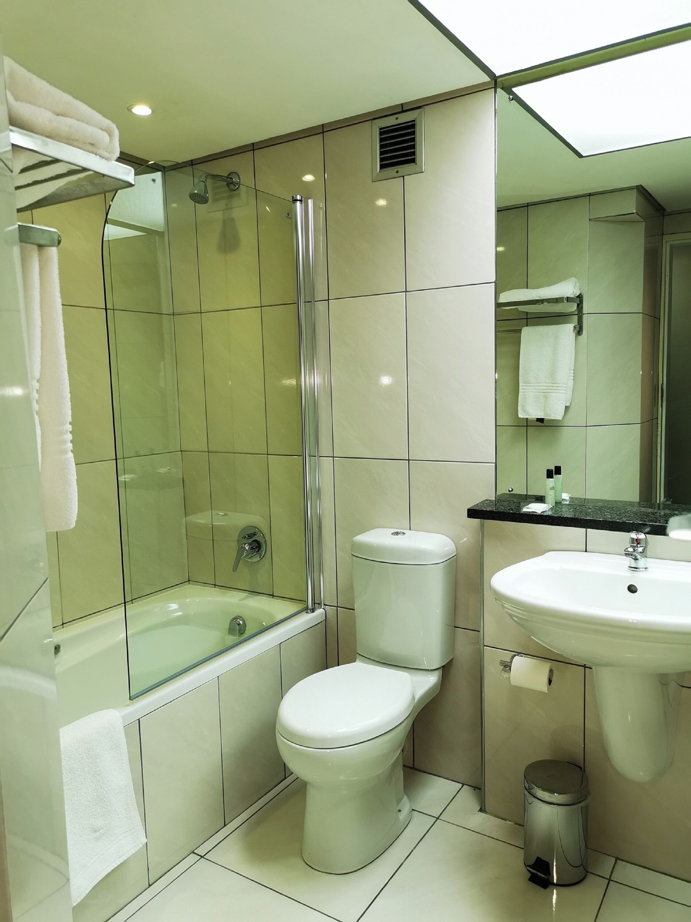 A modern bathroom with a glass-enclosed shower, a white toilet, a sink, and a mirror.